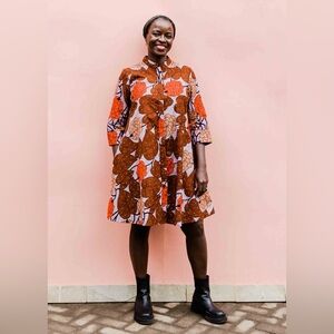 Zuri Kenya Allspice Dress Cotton Trapeze Brown Orange Long Sleeve 2X